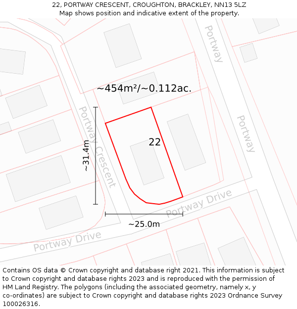 22, PORTWAY CRESCENT, CROUGHTON, BRACKLEY, NN13 5LZ: Plot and title map