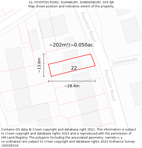 22, POYNTON ROAD, SHAWBURY, SHREWSBURY, SY4 4JR: Plot and title map