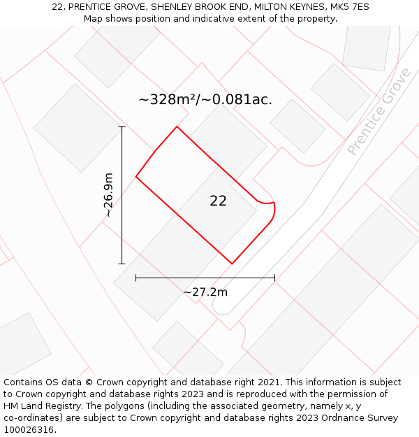 22, PRENTICE GROVE, SHENLEY BROOK END, MILTON KEYNES, MK5 7ES: Plot and title map