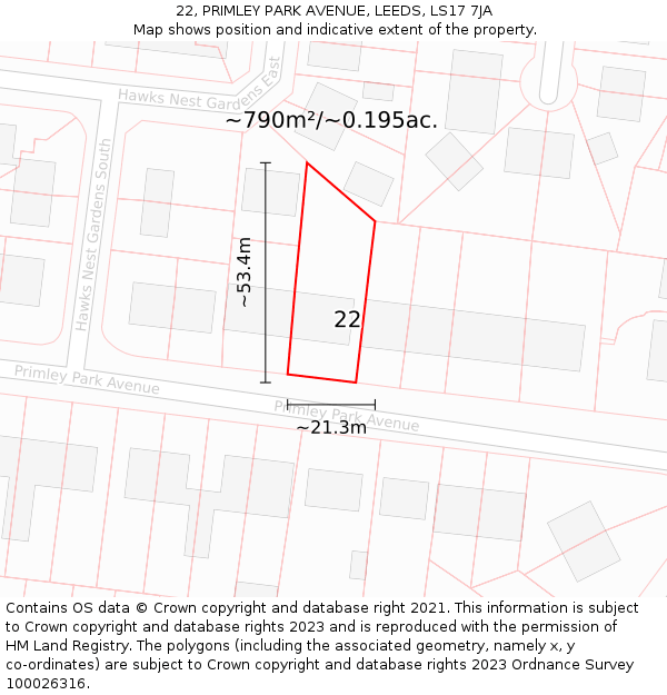 22, PRIMLEY PARK AVENUE, LEEDS, LS17 7JA: Plot and title map