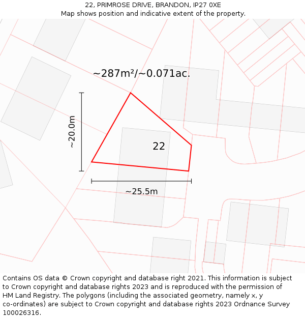 22, PRIMROSE DRIVE, BRANDON, IP27 0XE: Plot and title map