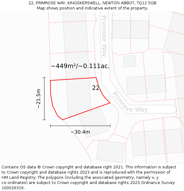 22, PRIMROSE WAY, KINGSKERSWELL, NEWTON ABBOT, TQ12 5GB: Plot and title map