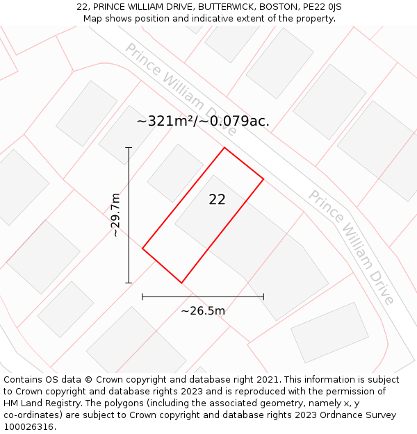 22, PRINCE WILLIAM DRIVE, BUTTERWICK, BOSTON, PE22 0JS: Plot and title map