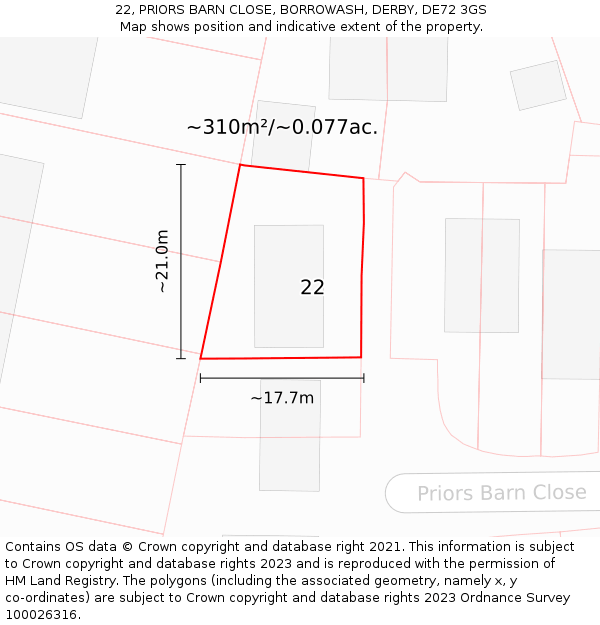 22, PRIORS BARN CLOSE, BORROWASH, DERBY, DE72 3GS: Plot and title map