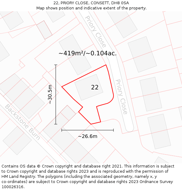 22, PRIORY CLOSE, CONSETT, DH8 0SA: Plot and title map