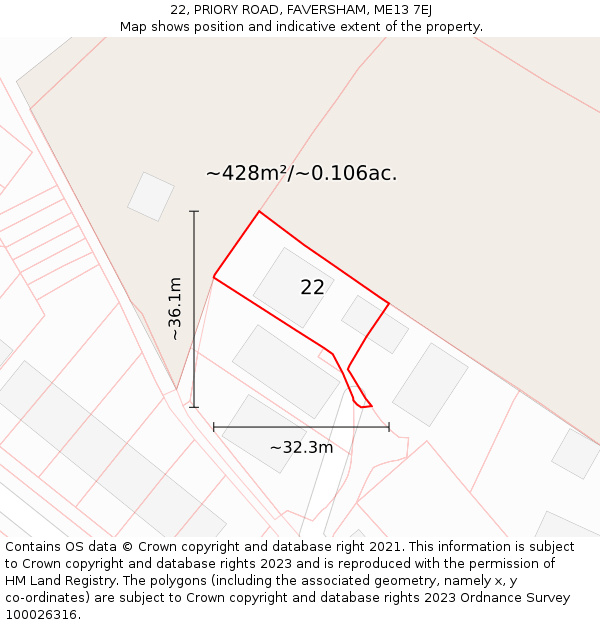 22, PRIORY ROAD, FAVERSHAM, ME13 7EJ: Plot and title map