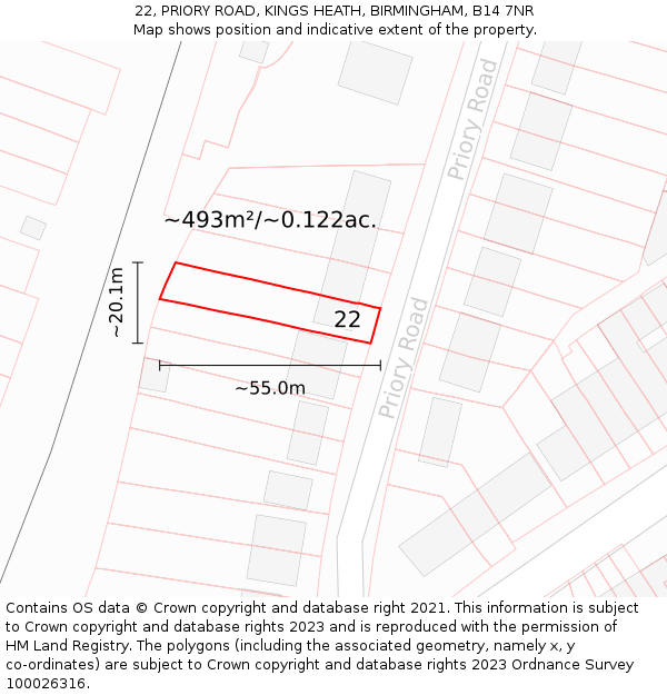 22, PRIORY ROAD, KINGS HEATH, BIRMINGHAM, B14 7NR: Plot and title map