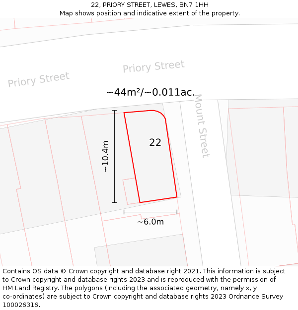 22, PRIORY STREET, LEWES, BN7 1HH: Plot and title map