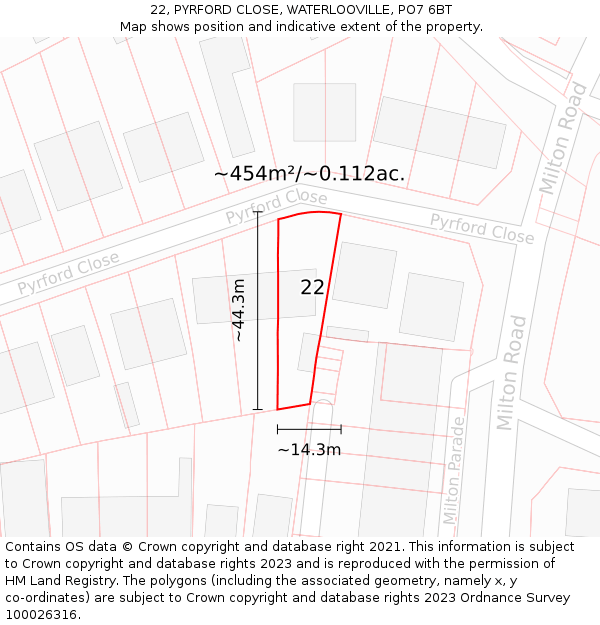 22, PYRFORD CLOSE, WATERLOOVILLE, PO7 6BT: Plot and title map