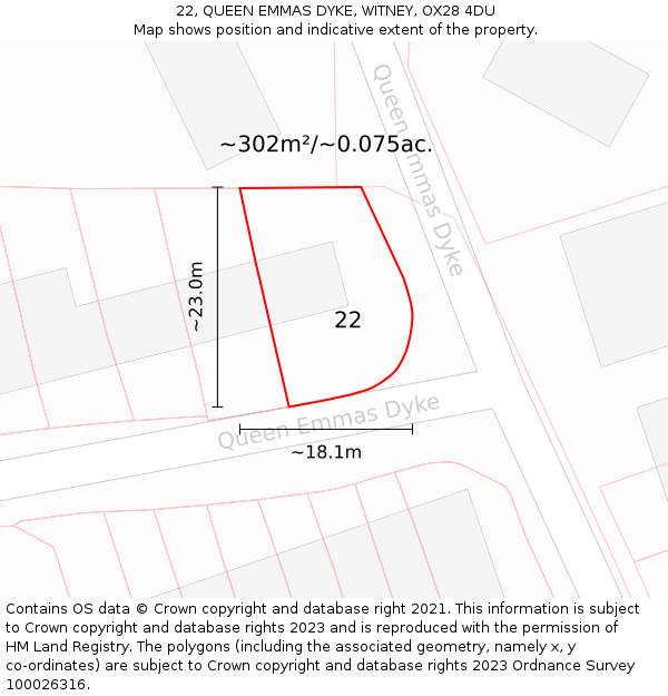 22, QUEEN EMMAS DYKE, WITNEY, OX28 4DU: Plot and title map