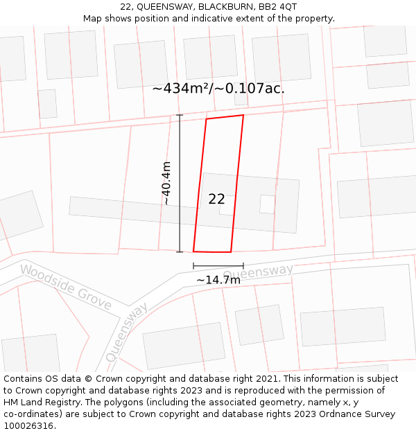 22, QUEENSWAY, BLACKBURN, BB2 4QT: Plot and title map