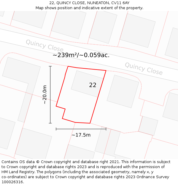 22, QUINCY CLOSE, NUNEATON, CV11 6AY: Plot and title map
