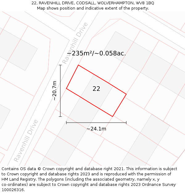 22, RAVENHILL DRIVE, CODSALL, WOLVERHAMPTON, WV8 1BQ: Plot and title map