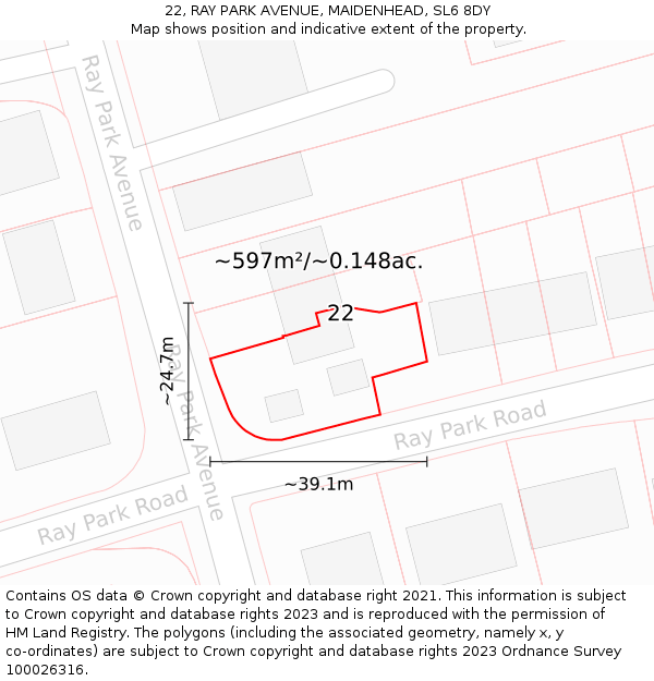 22, RAY PARK AVENUE, MAIDENHEAD, SL6 8DY: Plot and title map