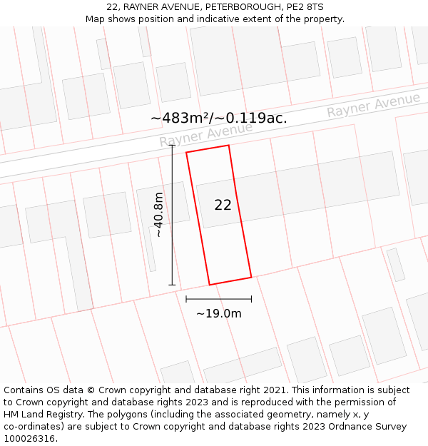 22, RAYNER AVENUE, PETERBOROUGH, PE2 8TS: Plot and title map