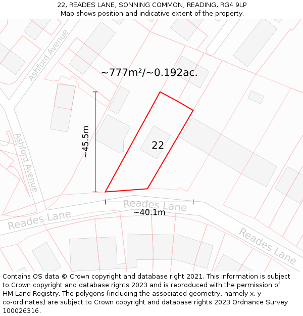 22, READES LANE, SONNING COMMON, READING, RG4 9LP: Plot and title map