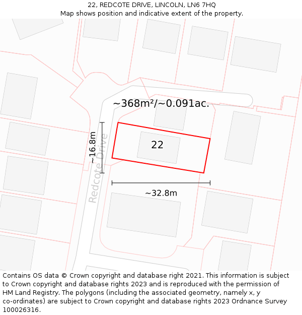 22, REDCOTE DRIVE, LINCOLN, LN6 7HQ: Plot and title map