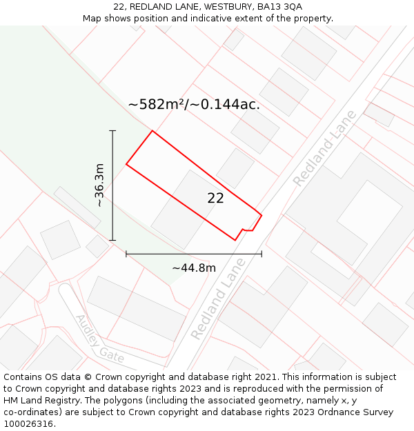 22, REDLAND LANE, WESTBURY, BA13 3QA: Plot and title map