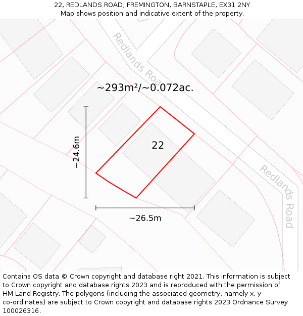22, REDLANDS ROAD, FREMINGTON, BARNSTAPLE, EX31 2NY: Plot and title map