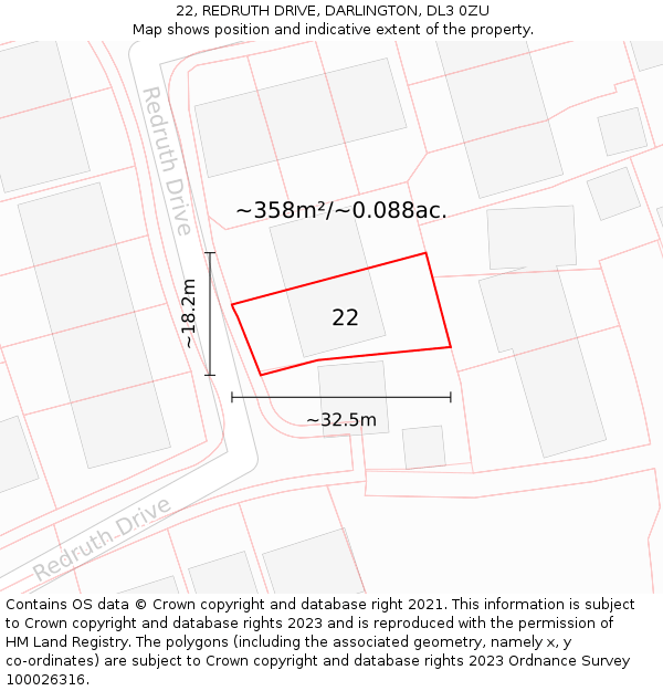 22, REDRUTH DRIVE, DARLINGTON, DL3 0ZU: Plot and title map