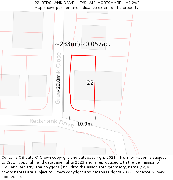 22, REDSHANK DRIVE, HEYSHAM, MORECAMBE, LA3 2WF: Plot and title map