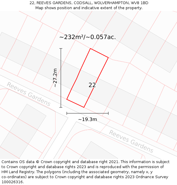 22, REEVES GARDENS, CODSALL, WOLVERHAMPTON, WV8 1BD: Plot and title map