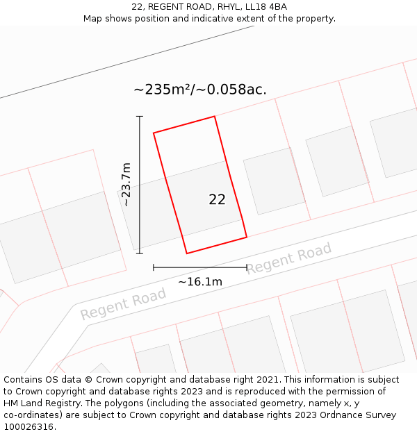 22, REGENT ROAD, RHYL, LL18 4BA: Plot and title map