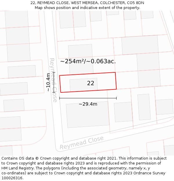 22, REYMEAD CLOSE, WEST MERSEA, COLCHESTER, CO5 8DN: Plot and title map