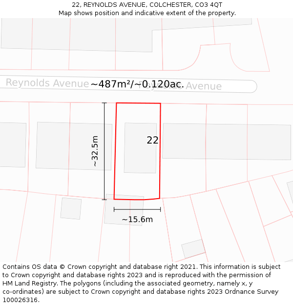 22, REYNOLDS AVENUE, COLCHESTER, CO3 4QT: Plot and title map