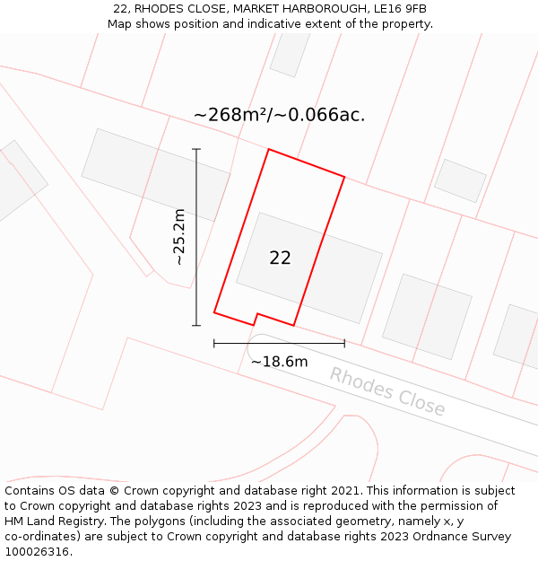 22, RHODES CLOSE, MARKET HARBOROUGH, LE16 9FB: Plot and title map