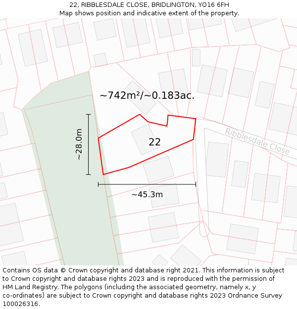 22, RIBBLESDALE CLOSE, BRIDLINGTON, YO16 6FH: Plot and title map