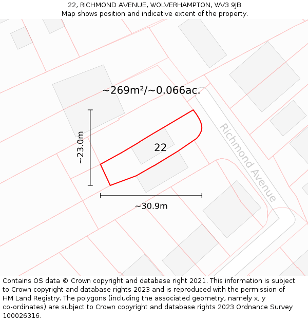 22, RICHMOND AVENUE, WOLVERHAMPTON, WV3 9JB: Plot and title map