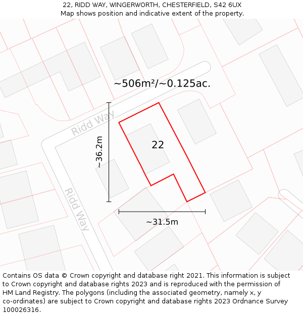 22, RIDD WAY, WINGERWORTH, CHESTERFIELD, S42 6UX: Plot and title map