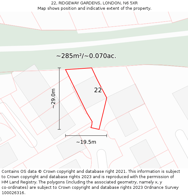 22, RIDGEWAY GARDENS, LONDON, N6 5XR: Plot and title map