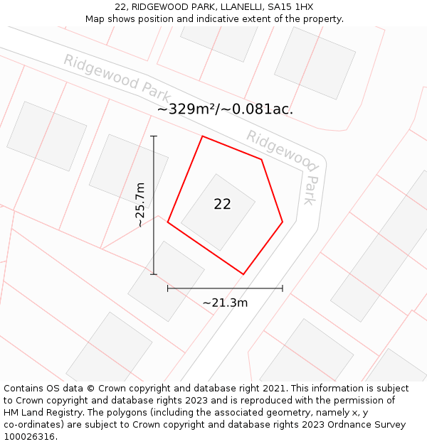 22, RIDGEWOOD PARK, LLANELLI, SA15 1HX: Plot and title map