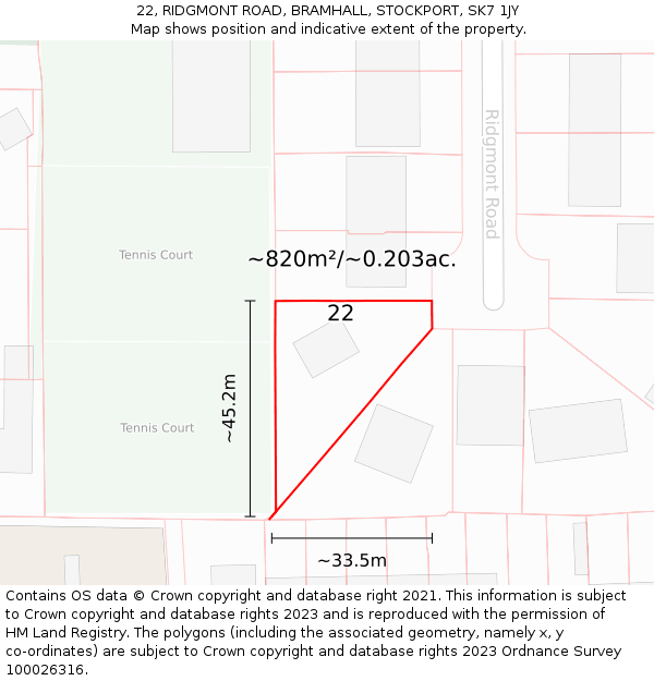 22, RIDGMONT ROAD, BRAMHALL, STOCKPORT, SK7 1JY: Plot and title map