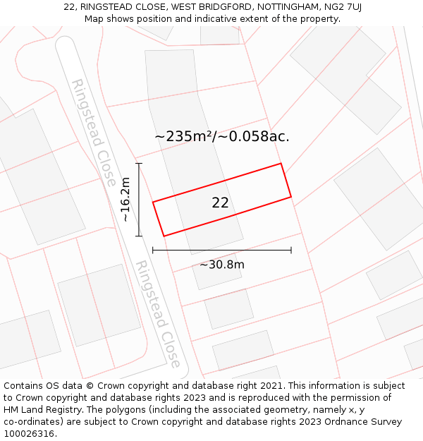 22, RINGSTEAD CLOSE, WEST BRIDGFORD, NOTTINGHAM, NG2 7UJ: Plot and title map