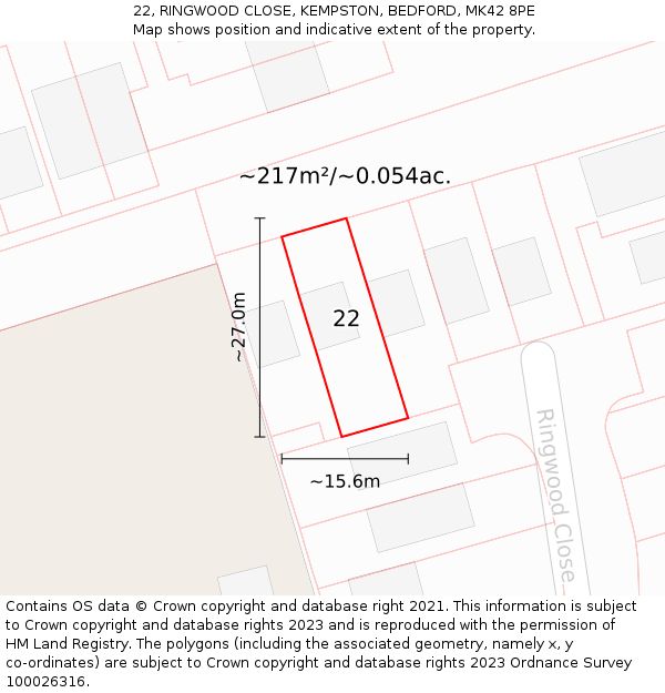 22, RINGWOOD CLOSE, KEMPSTON, BEDFORD, MK42 8PE: Plot and title map