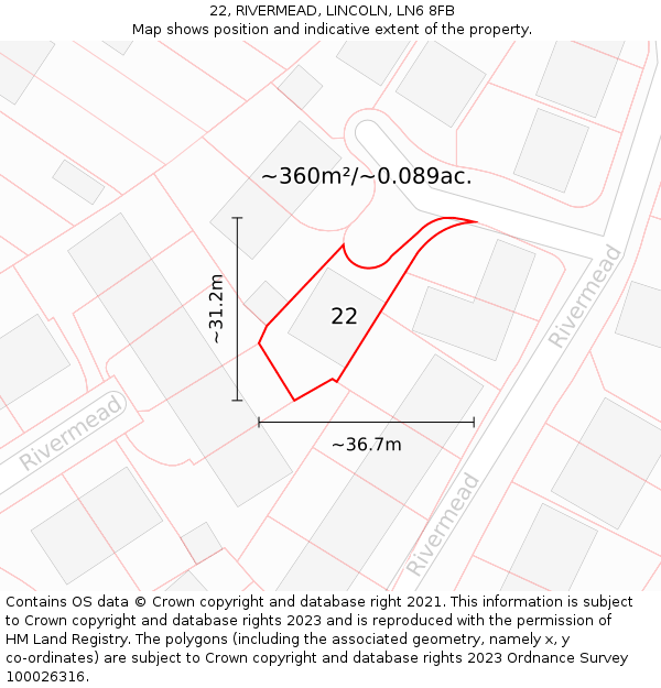 22, RIVERMEAD, LINCOLN, LN6 8FB: Plot and title map