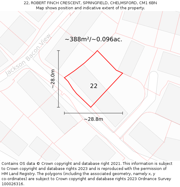 22, ROBERT FINCH CRESCENT, SPRINGFIELD, CHELMSFORD, CM1 6BN: Plot and title map