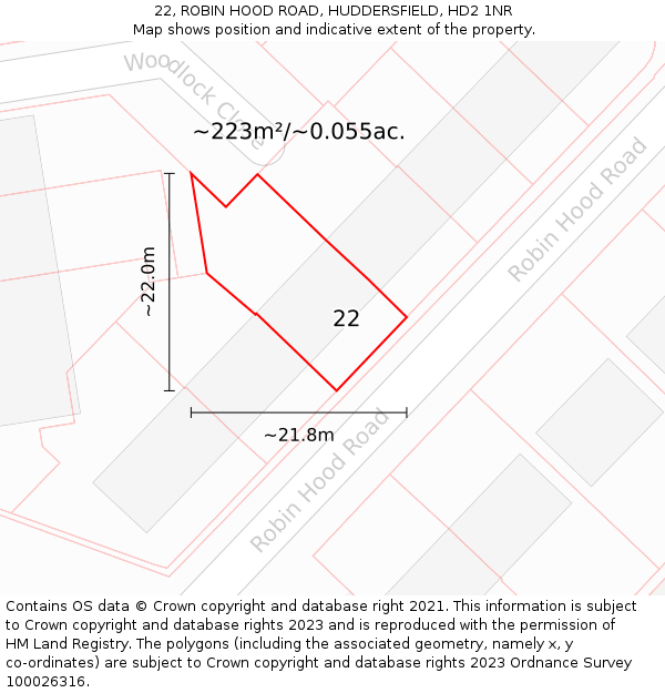 22, ROBIN HOOD ROAD, HUDDERSFIELD, HD2 1NR: Plot and title map