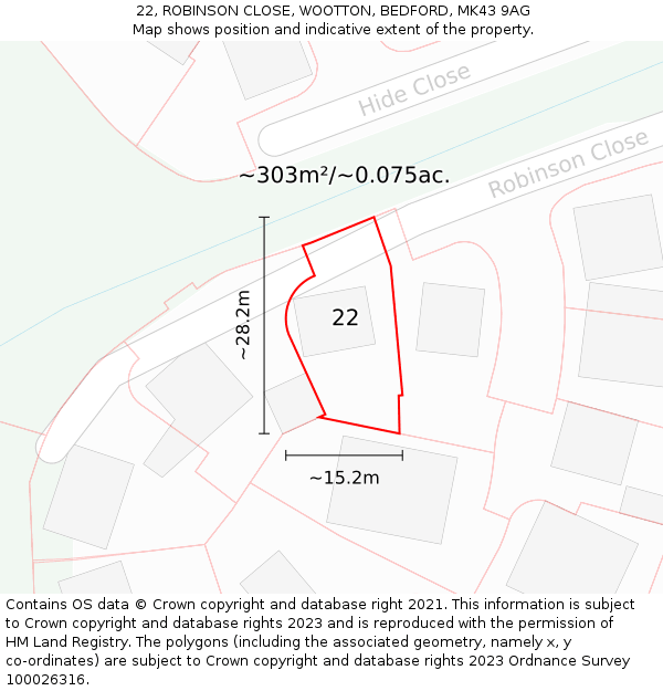 22, ROBINSON CLOSE, WOOTTON, BEDFORD, MK43 9AG: Plot and title map