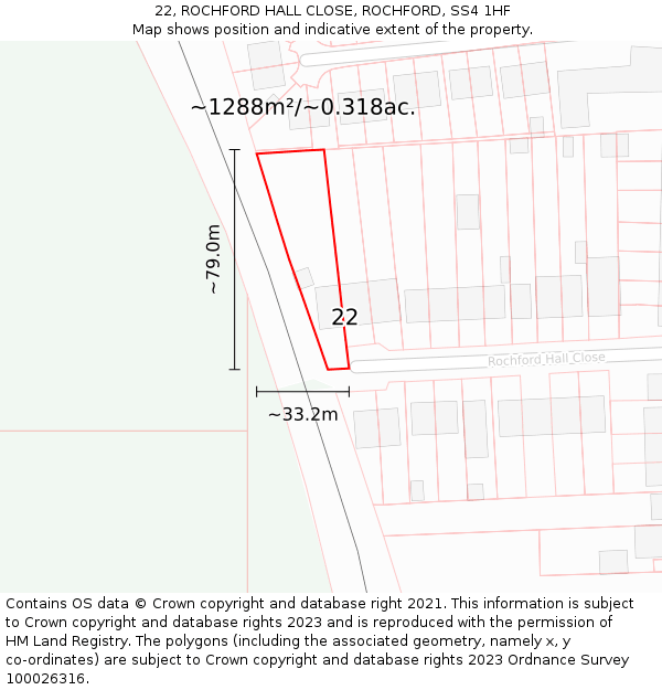 22, ROCHFORD HALL CLOSE, ROCHFORD, SS4 1HF: Plot and title map