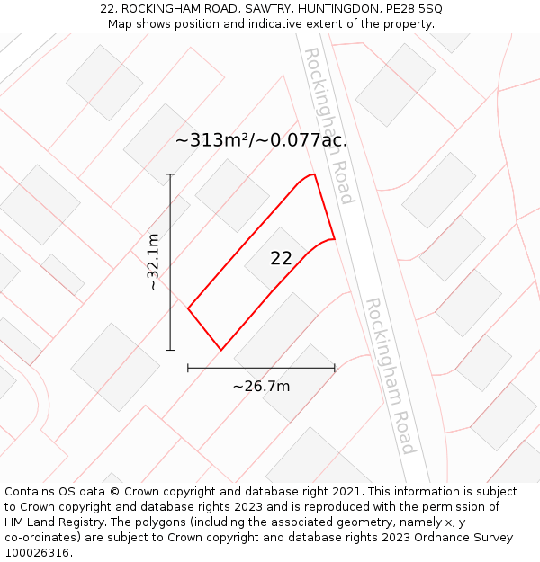 22, ROCKINGHAM ROAD, SAWTRY, HUNTINGDON, PE28 5SQ: Plot and title map