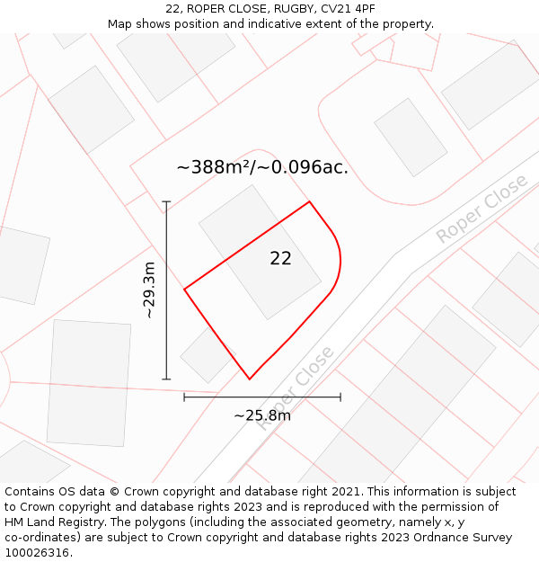 22, ROPER CLOSE, RUGBY, CV21 4PF: Plot and title map