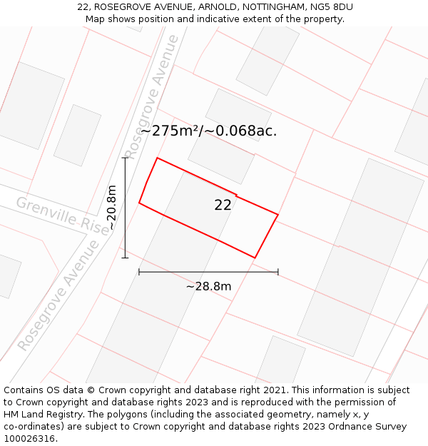 22, ROSEGROVE AVENUE, ARNOLD, NOTTINGHAM, NG5 8DU: Plot and title map