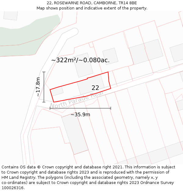 22, ROSEWARNE ROAD, CAMBORNE, TR14 8BE: Plot and title map