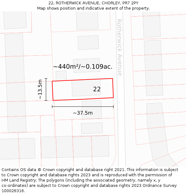 22, ROTHERWICK AVENUE, CHORLEY, PR7 2PY: Plot and title map