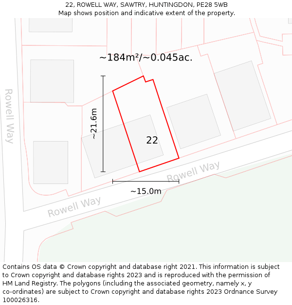 22, ROWELL WAY, SAWTRY, HUNTINGDON, PE28 5WB: Plot and title map