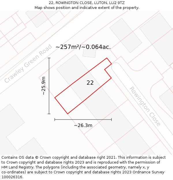 22, ROWINGTON CLOSE, LUTON, LU2 9TZ: Plot and title map